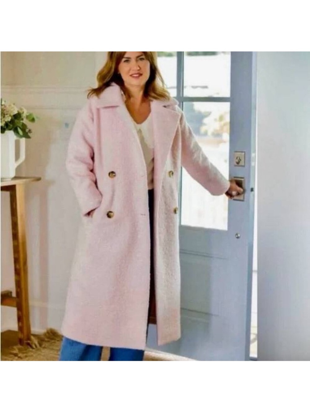 Joe Fresh Long Double-Breasted Teddy Coat in Light Pink